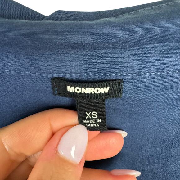 Monrow Navy Stretch Poplin Cotton Blend Button Up Long Sleeve Mini Shirt Dress - Picture 12 of 14